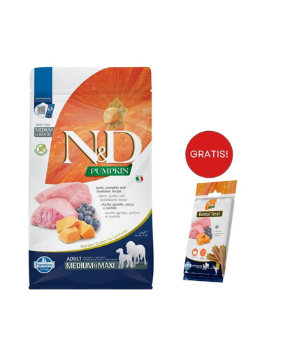 FARMINA N&D Pumpkin Lamb & Blueberry Adult Medium & Maxi 2,5 kg + FARMINA N&D Pumpkin Dental Treat Lamb & Blueberry Medium/Maxi 100 g (7 pezzi) GRATIS!