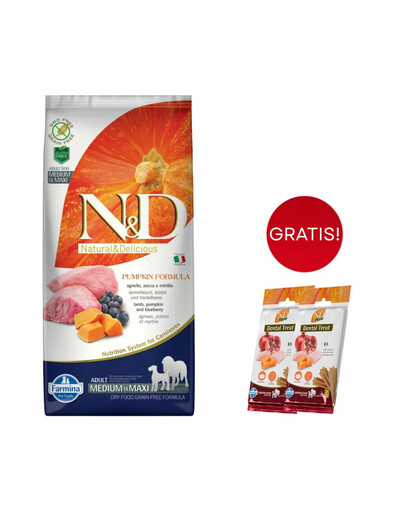 FARMINA N&D Pumpkin Lamb & Blueberry Adult Medium & Maxi 12 kg alimento per cani adulti di taglia media e grande + 3 x FARMINA N&D Pumpkin Dental Treat Chicken & Pomegranate Medium/Maxi 100 g (7 pezzi) GRATIS!