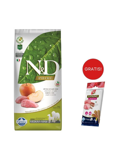 FARMINA N&D Boar & Apple Adult Medium & Maxi 2,5 kg alimento per cani di taglia media e grande + FARMINA N&D Quinoa Dental Treat Flatulence Medium/Maxi 100 g (7 pezzi) GRATIS!