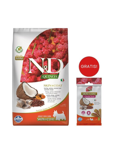 FARMINA N&D Quinoa Dog Skin & Coat Adult Mini aringa, cocco 2,5 kg (aringa e cocco) + FARMINA N&D Quinoa Dental Treat Skin Coat Herring Mini 60 g (7 pezzi) GRATIS!