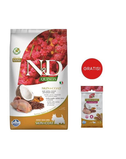 FARMINA N&D Quinoa Dog Skin & Coat Adult Mini quaglia, cocco 2,5 kg per cani di piccola taglia con quaglia + FARMINA N&D Quinoa Dental Treat Skin Coat Quail Mini 60 g GRATIS!