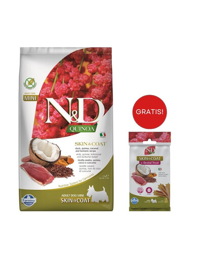 FARMINA N&D Quinoa Mini Skin and Coat 2,5 kg con anatra e cocco + FARMINA N&D Quinoa Dental Treat Skin Coat Duck Mini 60 g GRATIS!