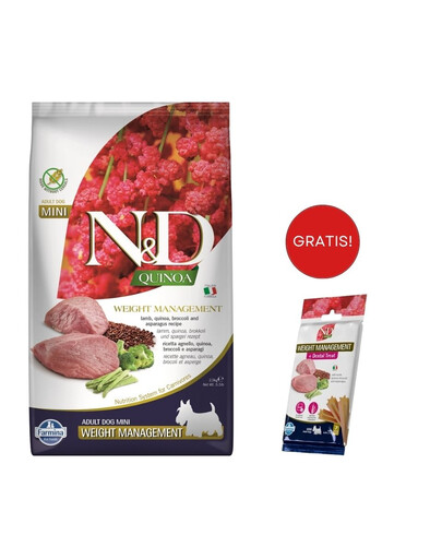 FARMINA N&D Quinoa Dog Adult Mini Weight Management 2,5 kg + FARMINA N&D Quinoa Dental Treat Weight Management Mini 60 g (7 pezzi) GRATIS!