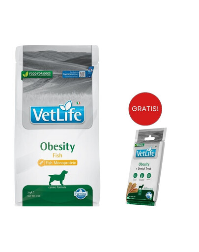 FARMINA Vet Life Obesity Fish alimento per cani adulti 2 kg + FARMINA Vet Life Dental Treat Obesity Medium/Maxi 100 g (7 pezzi) GRATIS!