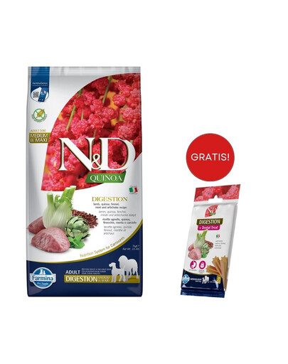 FARMINA N&D Quinoa Dog Adult Medium & Maxi Digestion Agnello & Finocchio 7 kg + FARMINA N&D Quinoa Dental Treat Digestion Medium/Maxi GRATIS!