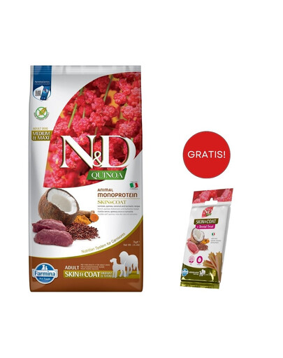 FARMINA N&D Quinoa Dog Adult Medium & Maxi Skin & Coat Cervo & Cocco 7 kg + FARMINA N&D Quinoa Dental Treat Skin Coat Duck Medium/Maxi 100 g (7 pezzi) GRATIS!