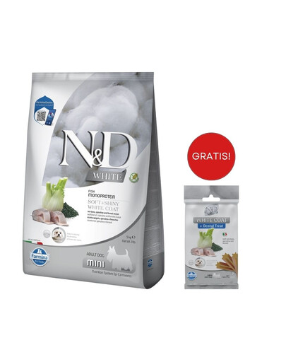 FARMINA N&D White Dog Adult Mini Spigola, Spirulina, Finocchio 5 kg + FARMINA N&D White Dental Treat Coat Spigola Mini 60 g (7 pezzi) GRATIS!
