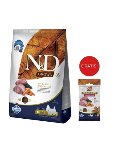 FARMINA N&D Brown Dog Adult Mini Agnello, Spirulina, Carota 5 kg + FARMINA N&D Brown Dental Treat Coat Agnello Mini 60 g (7 pezzi) GRATIS!