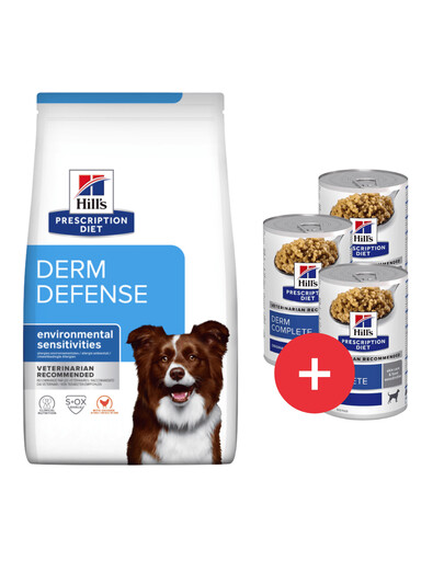 HILL'S Prescription Diet Canine Derm Defense 12 kg per cani con allergie + 3 scatolette GRATIS