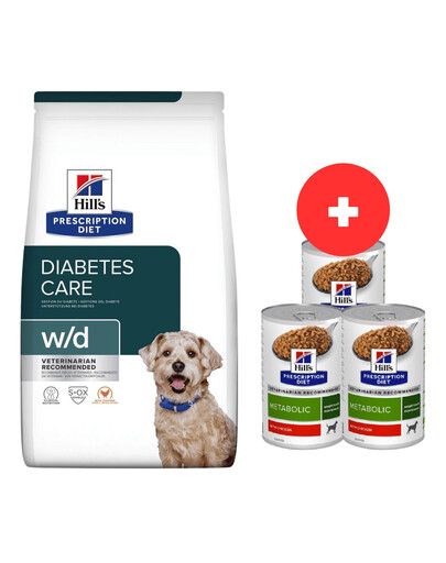 HILL'S Prescription Diet w/d Diabetes Care Pollo 10kg per cani adulti con tendenza al sovrappeso / dopo la sterilizzazione + 3 scatolette da 370 g di cibo per cani GRATIS