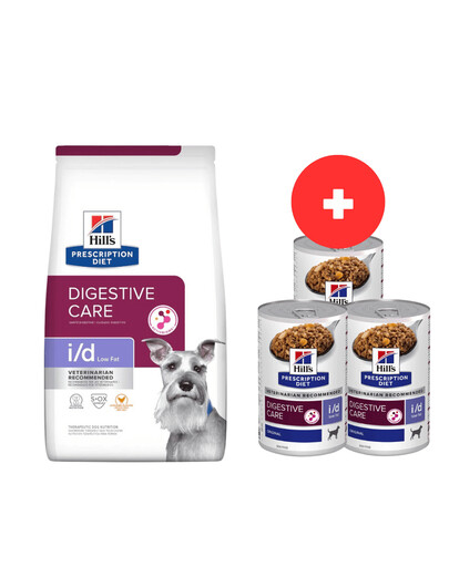 HILL'S Prescription Diet Digestive Care i/d ActivBiome per cani alimento a basso contenuto di grassi con pollo 12kg + 3 scatolette da 360g di cibo umido per cani GRATIS