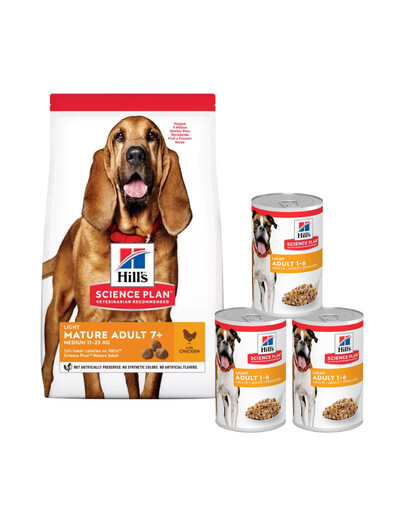 HILL'S Science Plan 7+ Dog Mature Light Medium Chicken 14kg per cani anziani + 3 lattine GRATIS