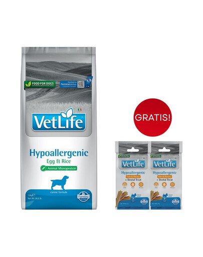 FARMINA Vet Life Hypoallergenic Uova e Riso per cani 12kg mangime secco per cani con allergie + 2 confezioni di FARMINA Vet Life Dental Treat Hypoallergenic Pesce Mini 60 g (7 pezzi) GRATIS!