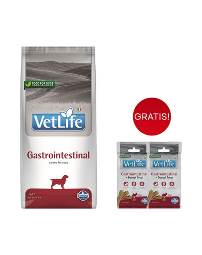 FARMINA Vet Life Gastrointestinal Dog 12kg mangime per cani con problemi digestivi + 2 confezioni di FARMINA Vet Life Dental Treat Gastrointestinal Mini da 60 g (7 pezzi) GRATIS!