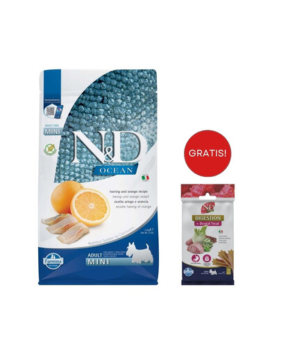 FARMINA N&D Ocean Dog Adult Mini aringa e arancia 2,5 kg per cani di piccola taglia + FARMINA N&D Quinoa Dental Treat Digestion Mini 60 g (7 pezzi) GRATIS!