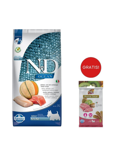 FARMINA N&D Ocean Dog Adult Mini salmone, merluzzo e melone cantalupo 7 kg + FARMINA N&D Tropical Selection Dental Treat Pork Mini 60 g (7 pezzi) GRATIS!