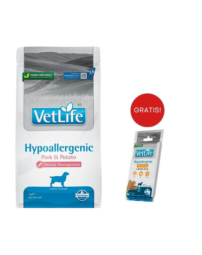 FARMINA VetLife Hypoallergenic Adult Pork alimento dietetico per cani 2kg + FARMINA Vet Life Dental Treat Hypoallergenic Fish Medium/Maxi, 100 g (7 pezzi) GRATIS!