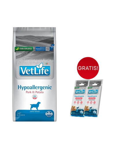 FARMINA Vet Life Hypoallergenic Maiale e Patate per cani adulti 12kg + 2 x FARMINA Vet Life Dental Treat Hypoallergenic Maiale Medium/Maxi 100 g (7 pezzi) GRATIS!