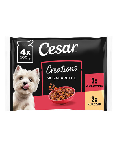CESAR Creations Kurczak z groszkiem i Wołowina z marchewką w galaretce 4×100 g mokra karma dla dorosłych psów