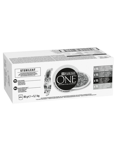 PURINA ONE Sterilcat Meat and Vegetables Adult 60x85g con tacchino, salmone, manzo e pollo, per gatti sterilizzati