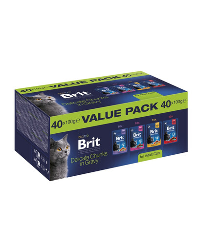 BRIT Premium by Nature Cat Adult Chunks in Gravy Value Pack Bocconcini di carne e pesce in salsa per gatti adulti 40x100 g