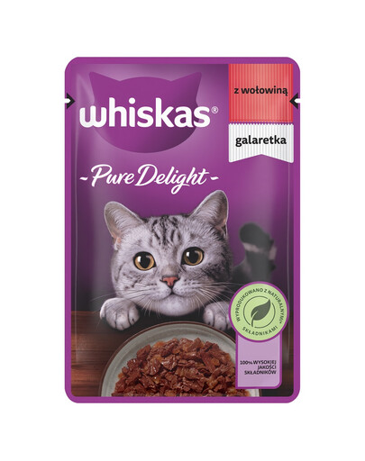 WHISKAS Adult Pure Delight busta 85 g cibo umido completo per gatti adulti, pezzi di manzo in gelatina